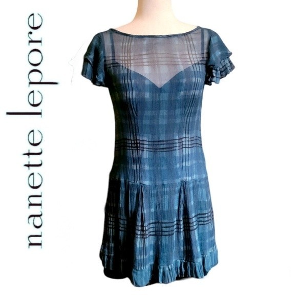 Beautiful Nanette Lapore 2-pc Silk Plaid Turqoiuse Blue Short Sleeve Dress, sz 2 - Picture 15 of 16